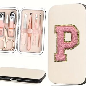 Letter P Travel Nail Manicure Kit Set Vacay Spa Gold Pink Cream Stocking Stuffer